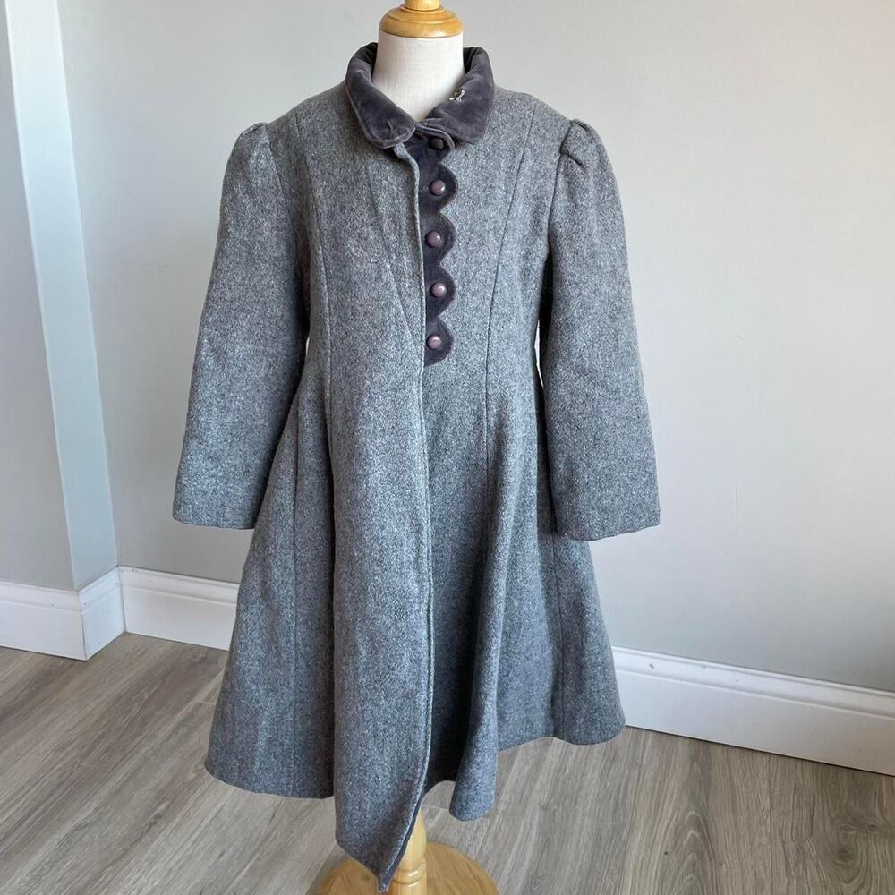 Rothschild Vintage Grey Wool Dress Coat Girls 4 Scalloped Velvet Trim RARE Read